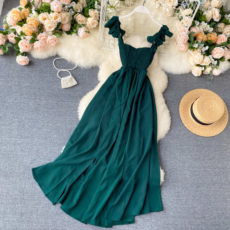 Women High Waist Elastic Slash Neck Women Long Dress Big Swing A-Line Slit Dress