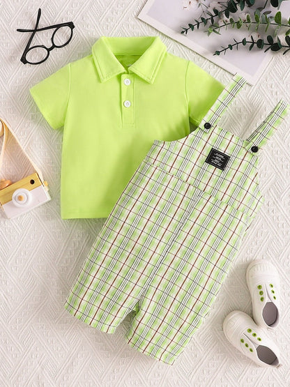 Children's Solid Color Polo & Plaid Overalls Set - Yellow-green -