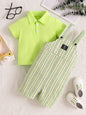Children's Solid Color Polo & Plaid Overalls Set - Yellow-green -