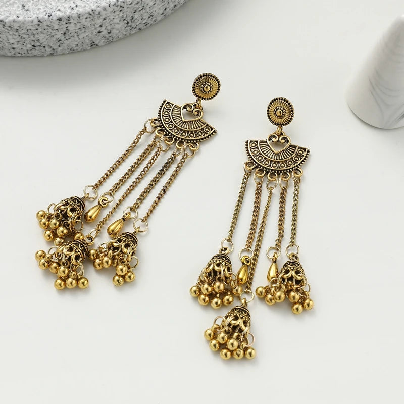 Vintage Beads Tassel Long Earrings Antique Gold Jhumka Earrings