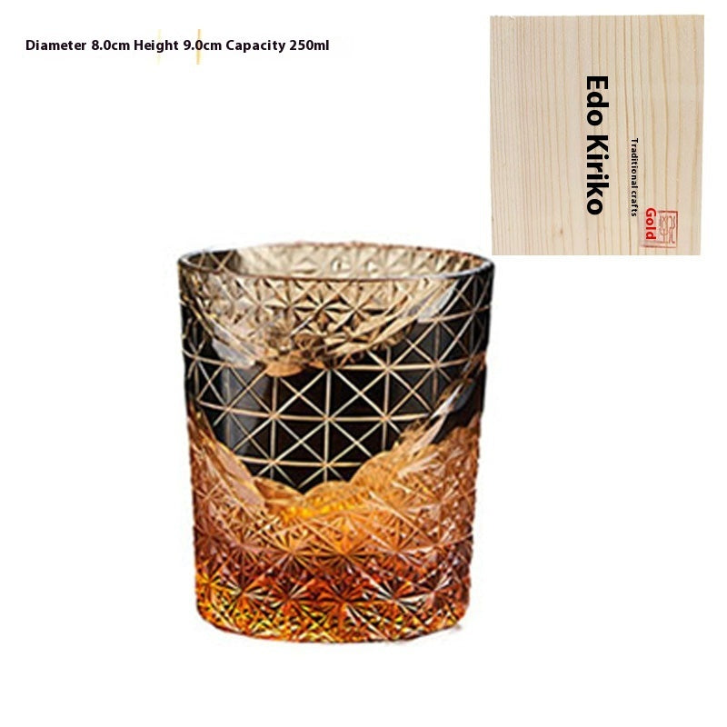 Edo Kiriko Japanese Handmade Cut Glass Cup – Single or Set of 4 - Amber Black Wooden Box - Glass Art