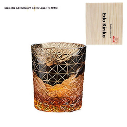 Edo Kiriko Japanese Handmade Cut Glass Cup – Single or Set of 4 - Amber Black Wooden Box - Glass Art