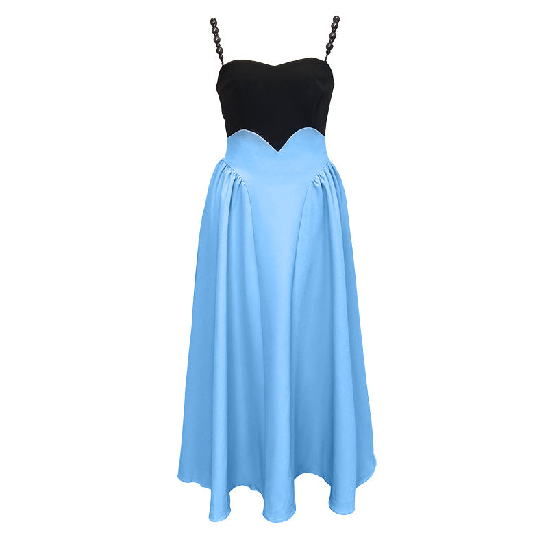 Elegant Sundress A-Line French Suspender Party Dress Big Swing Blue Midi Dress