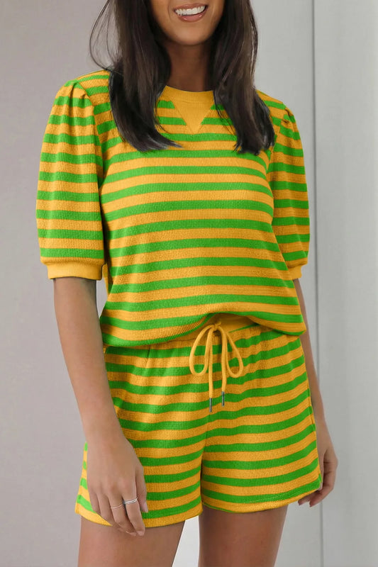 Yellow Striped Puff Sleeve Top and Drawstring Shorts Set - Chartreuse - short set