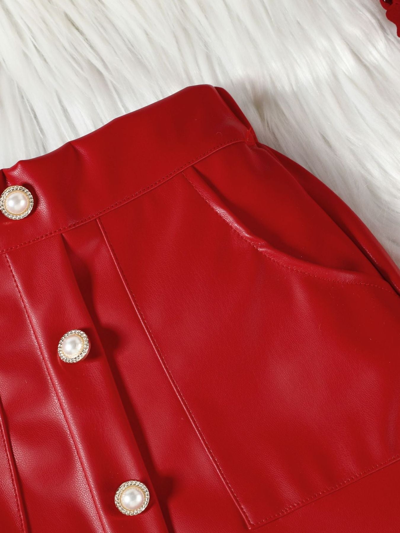 Children's Ruffled Trim Ribbed Top & Faux Leather Skirt Set - -