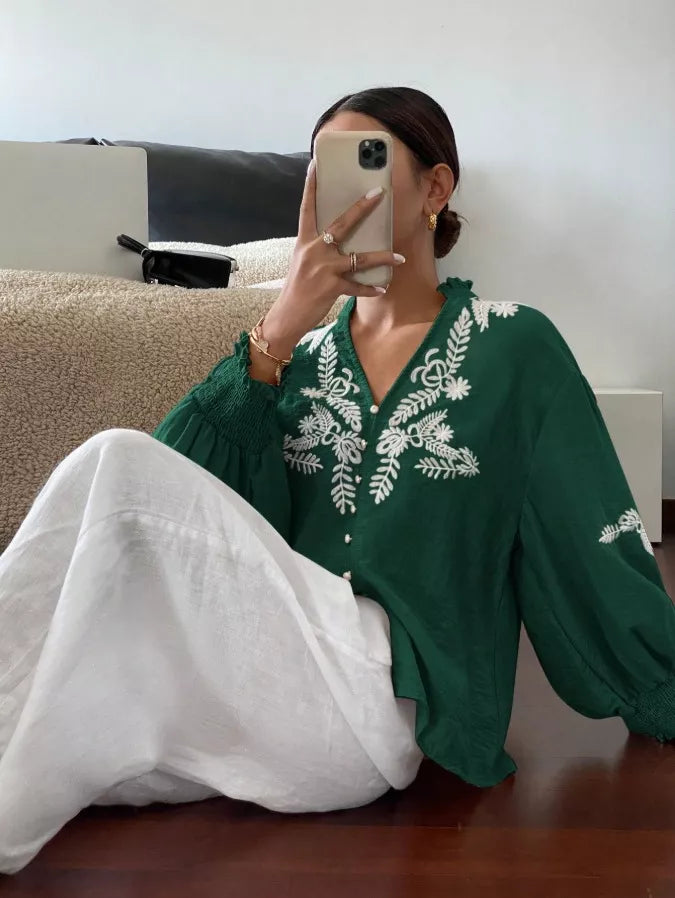 Embroidered Notched Long Sleeve Blouse - -