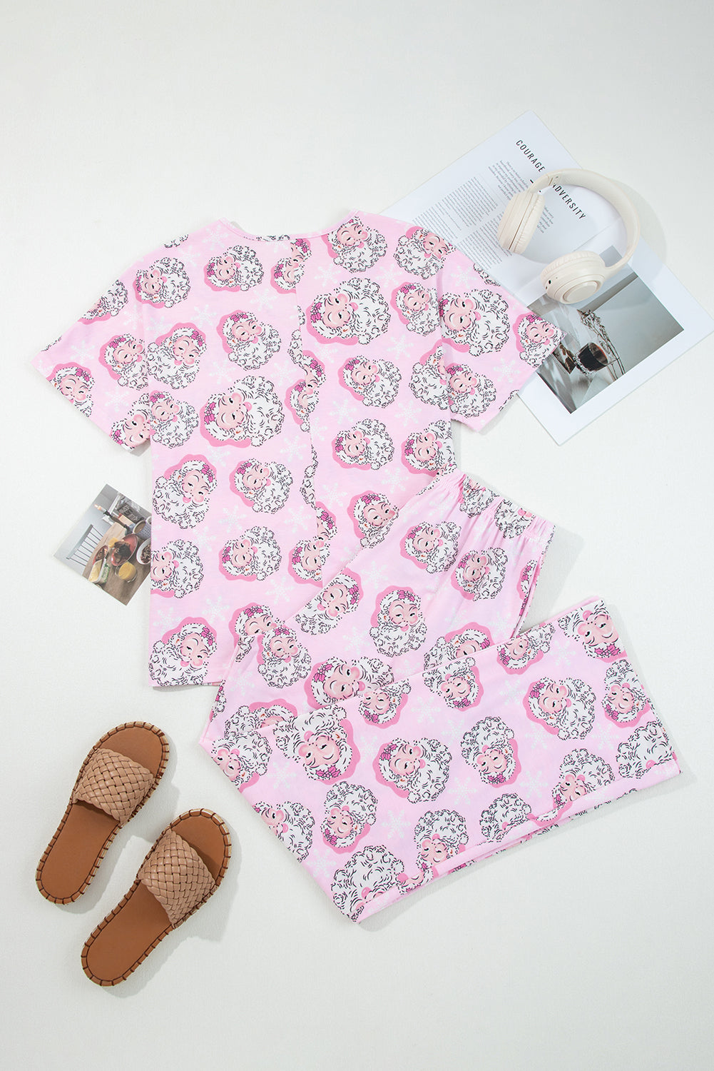 Pink Santa Claus Print V Neck Tee Drawstring Pants 2pcs Lounge Set - - Loungewear & Sleepwear/Loungewear