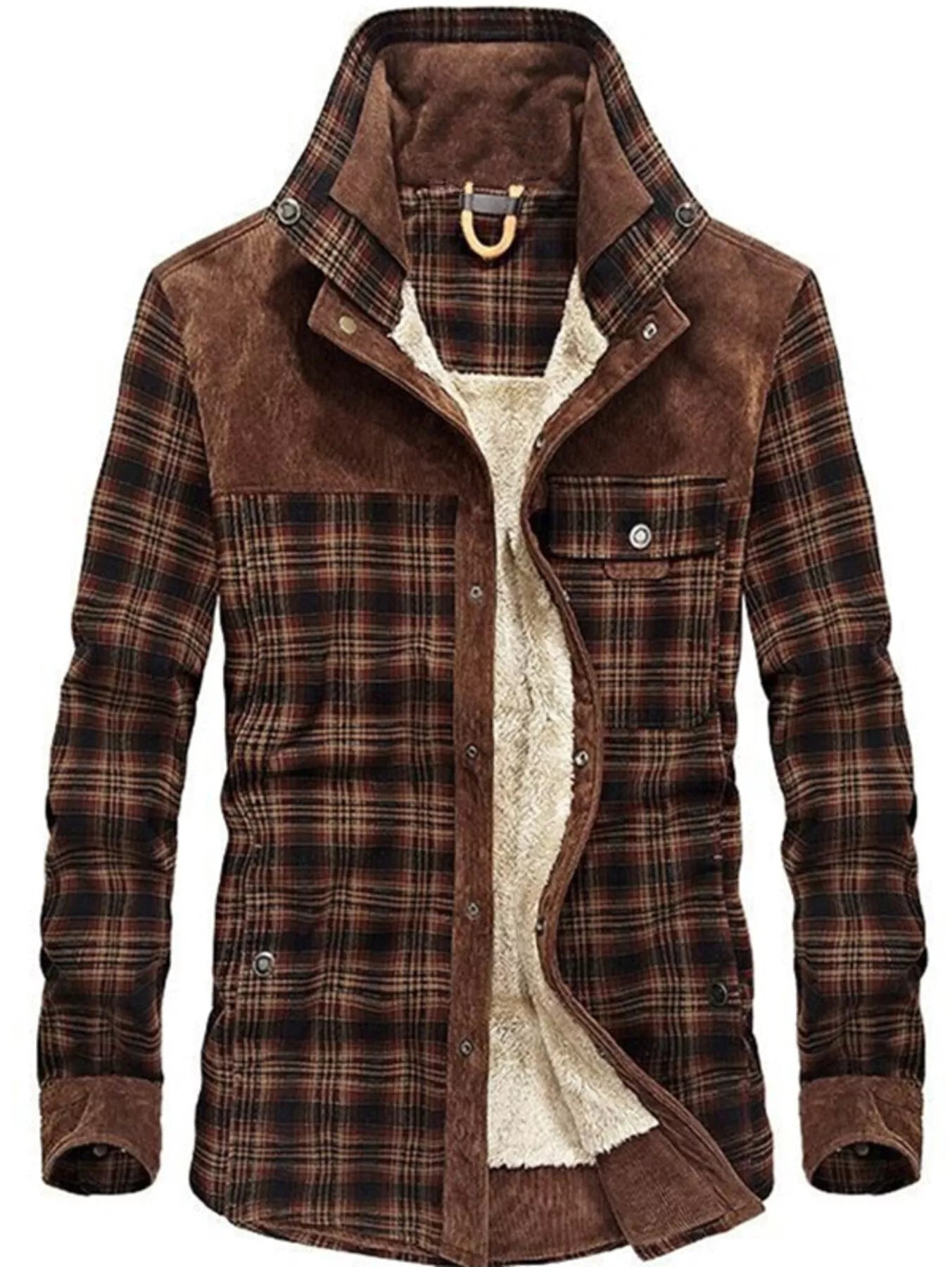 Men's Full Size Plaid Fleece Lined Snap Down Jacket Plus Size - Red Coffee Fine -