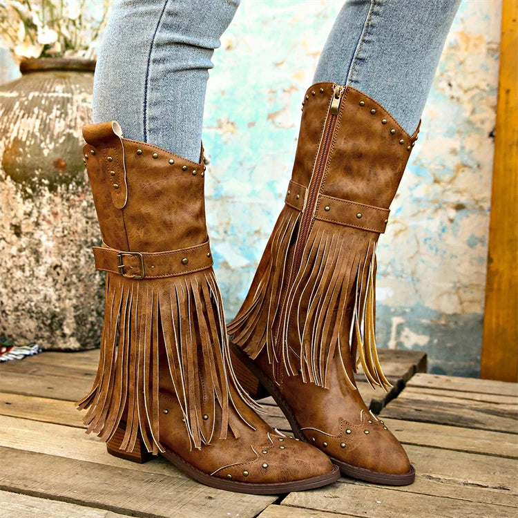 Women's Western Cowgirl Boots Wide Pointed Toe Mid Calf PU Leather Tassel Boots