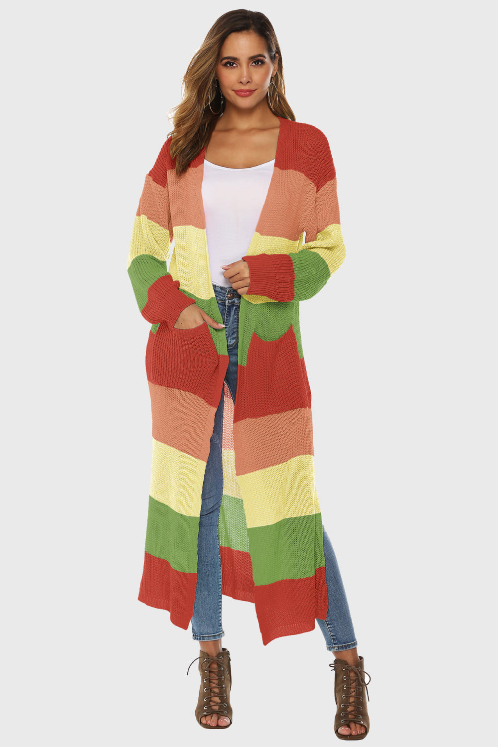 Color Block Long Sleeve Pocketed Cardigan - Orange -
