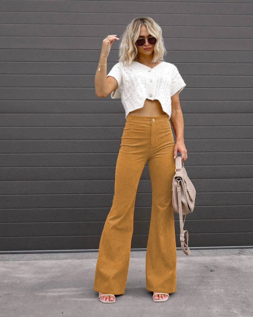 Casual Flared High Waist Wide Leg Corduroy Pants