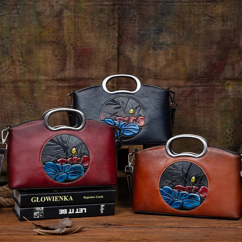 Johnature Vintage Embossed Genuine Leather Handbag