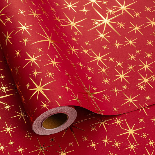 Garbendy Red Christams Wrapping Paper Roll-17inch x 32.8ft Embossing 3D with Gold Foil Star Design for Christmas Birthday Wedding Baby Shower Bridal Shower Party