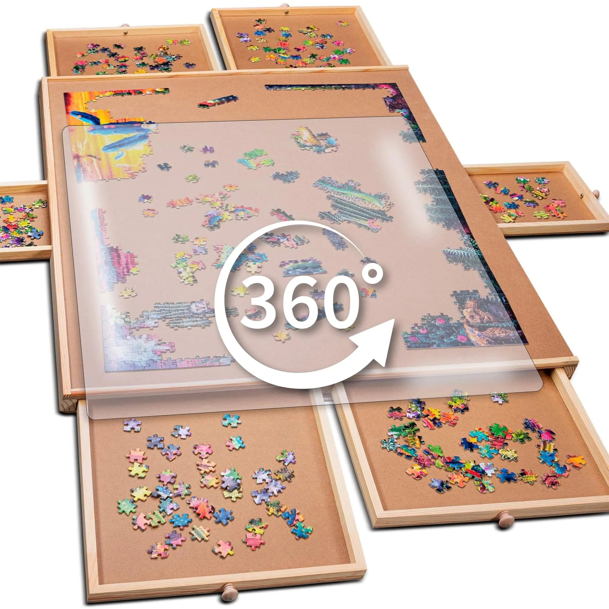 PlayVibe Rotating 1500 Piece Jigsaw Puzzle Board with Drawers and Cover - Sturdy Puzzle Table with 6 Drawers 27" x 35" - Heavy Duty Portable Wooden Puzzle Tray Puzzle Accessories - Kia Day Design