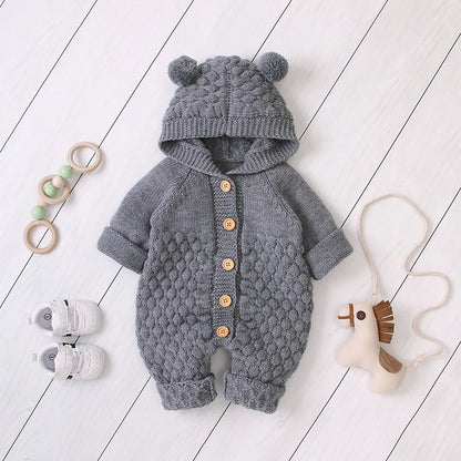 Knit Romper With Hoodie Dark Gray 3-6 months