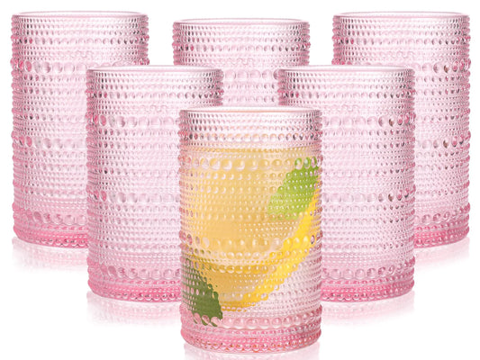 Set of 6 Pink Hobnail 12 oz Drinking Glasses - Pink 12oz - drinkware