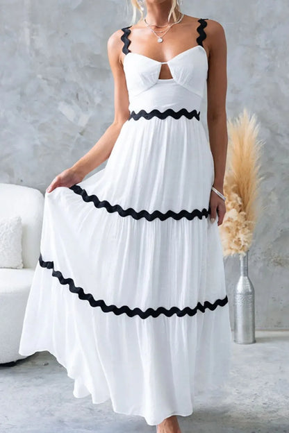 Tiered Maxi Dress with Scalloped Trim - -
