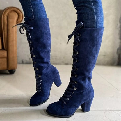 Lace Up Block Heels Boots - -