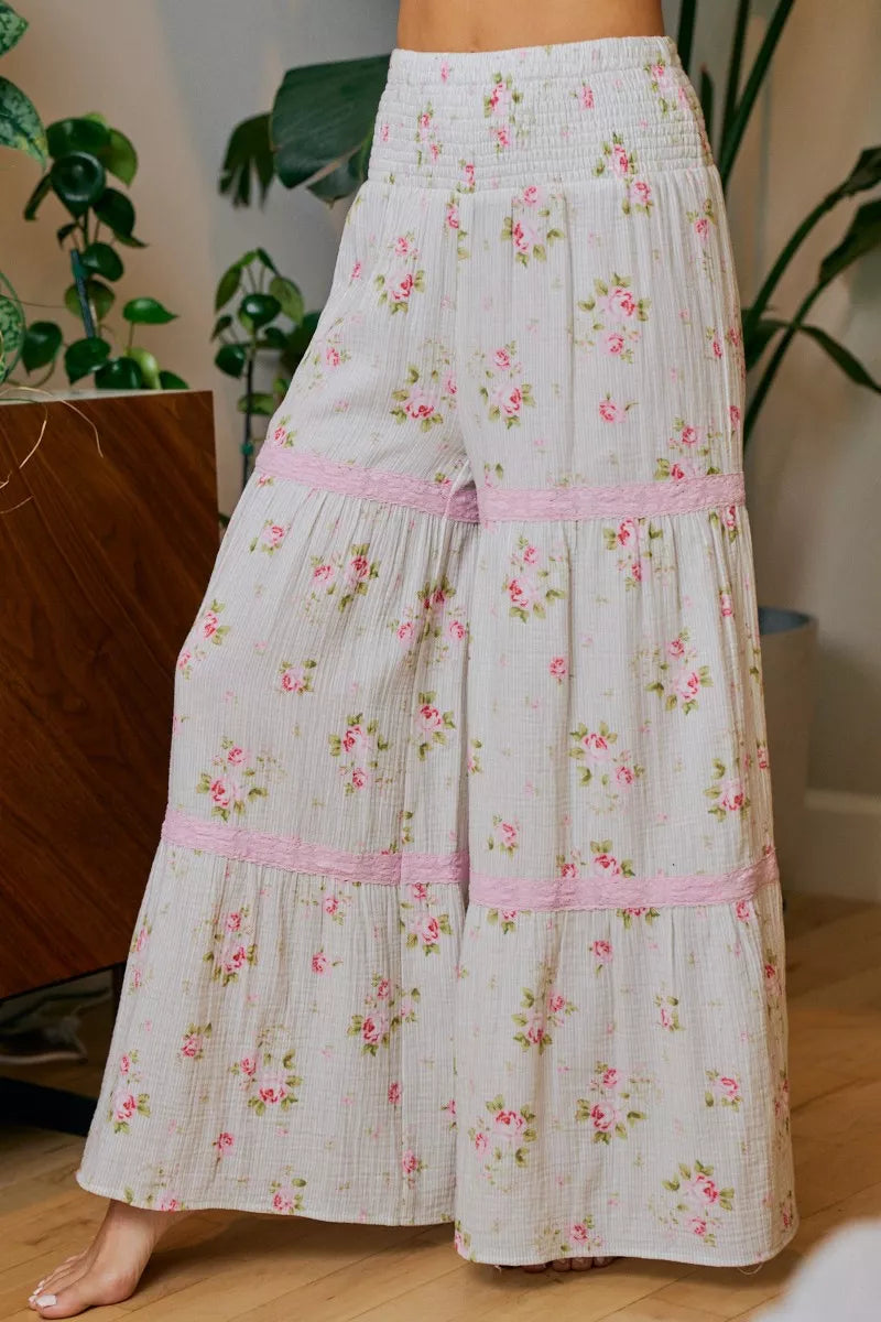 BiBi Rose Printed Gauze Trim Detail Smocked Maxi Pants - -