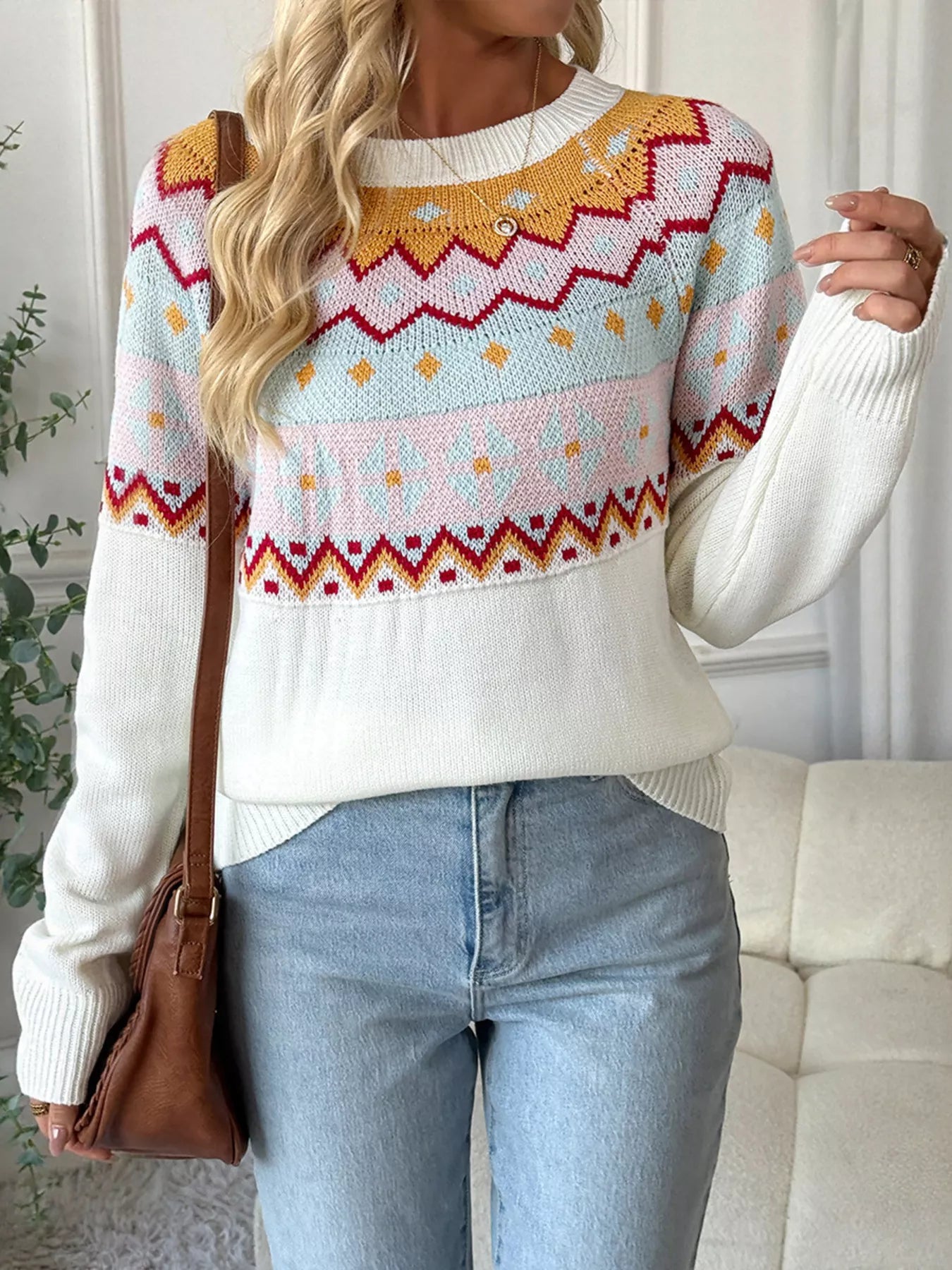 Geometric Round Neck Long Sleeve Sweater - White -