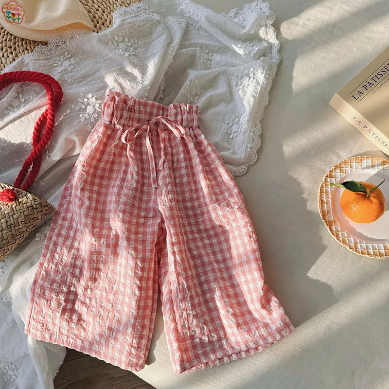 2-10 Years Girls Ankle Length Summer Casual High Waist Plaid Wide Leg Pants