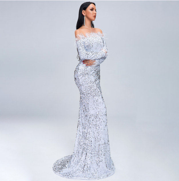 Starlit Sequin Feather Gown - - dress