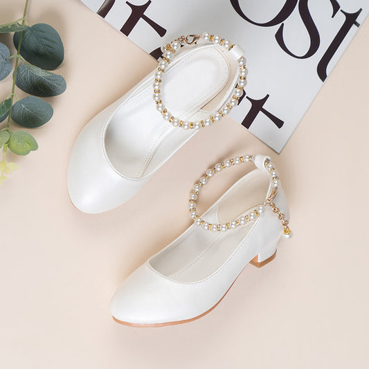 Girls High-Heeled Leather Wedding Dress Shoes - - shoes