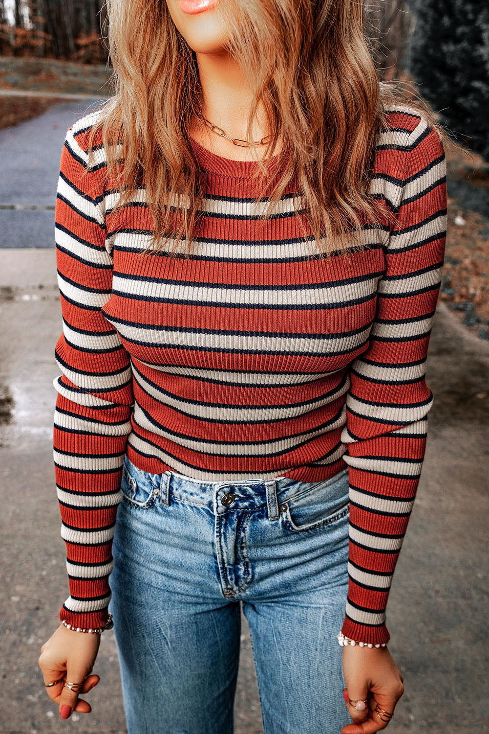 Striped Round Neck Long Sleeve Top - -