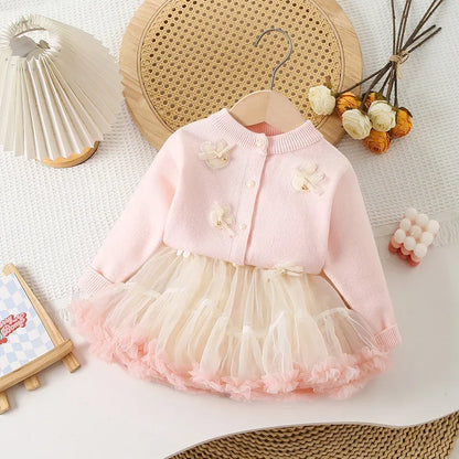 Single Breast Sweater and Ruffle Tulle Skirts pink