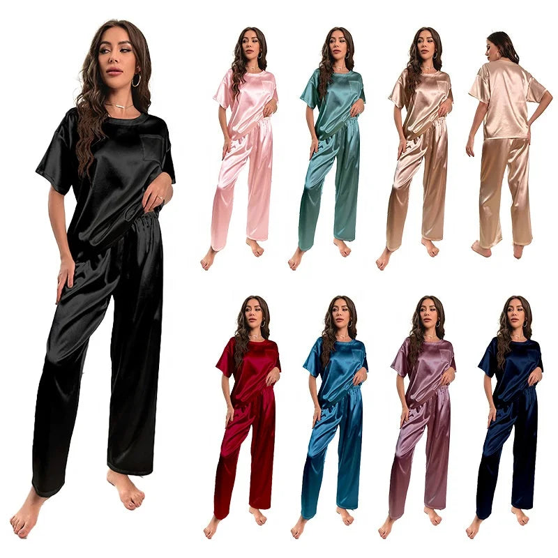 Satin Pajamas Set for Women 2Pcs Women Short Sleeve Shirt Long Pant With Pocket