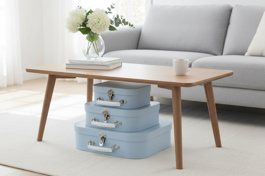 3 Pc. Baby Blue Paperboard Decorative Storage Suitcases - - suitcase