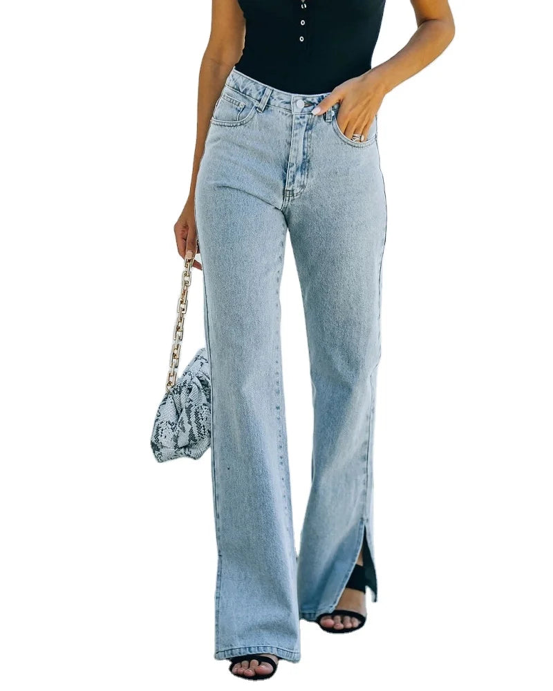 Women's Flare Pants Jeans Solid Vintage High Waist Denim Split Straight Jeans