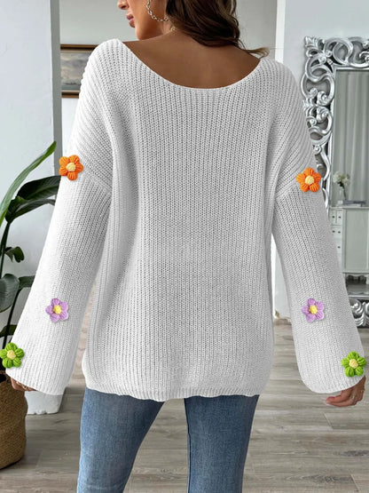 Flower Round Neck Long Sleeve Sweater - -