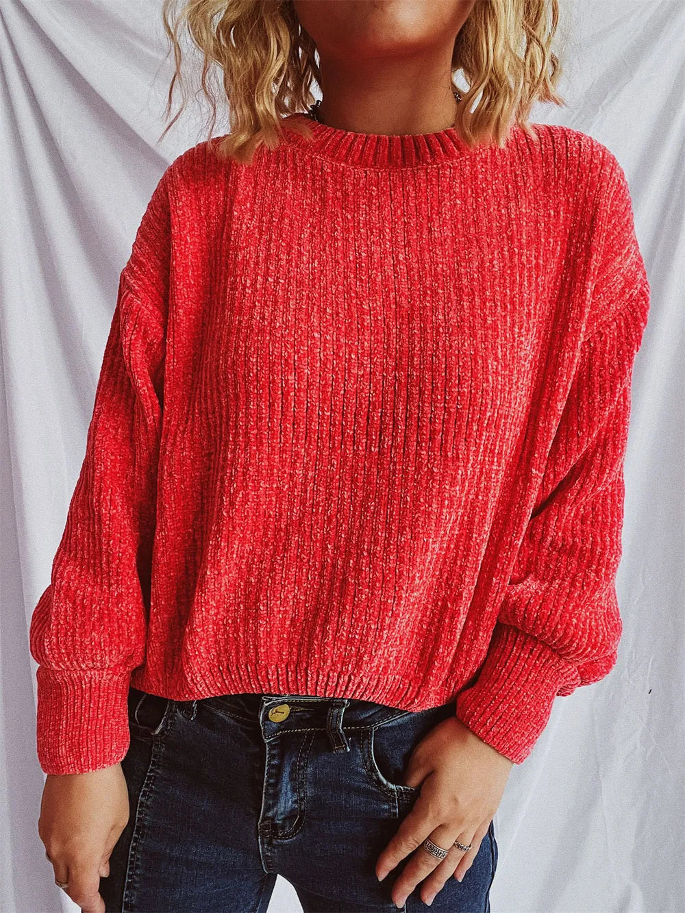 Round Neck Dropped Shoulder Long Sleeve Sweater - -