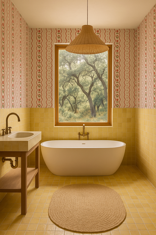 Posy Lane Stripe Wallpaper Beige and Poppy Red - - Wallpaper