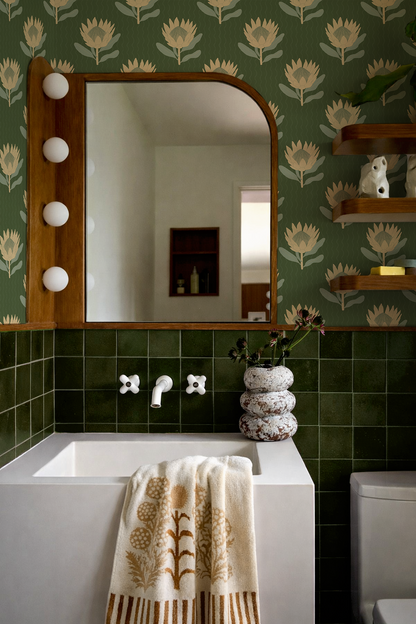King Protea Wallpaper, forest green and butter yellow- Samantha Santana Creative- {{Product type}}