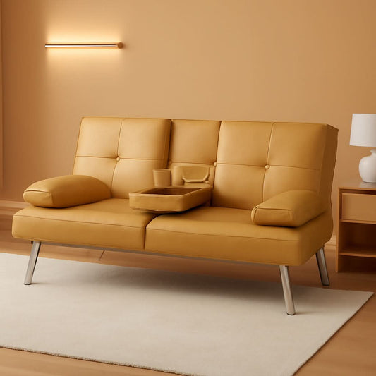 Convertible Futon Sofa Bed in Faux Leather Camel Yellow with Removable Armrests - Camel Yellow - Sofa