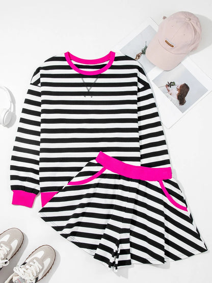 Stripe Contrast Ribbed Banding Long Sleeve Blouse and Loose Shorts Set- Shopimist- {{Product type}}