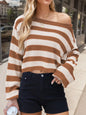 Striped Dropped Shoulder Long Sleeve Sweater - Brown -