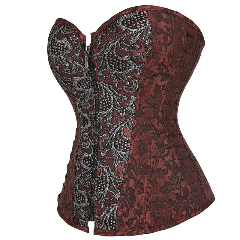 Classic Floral Printing Corset Brown 12 Steel Boned Faux Leather Brocade Corset