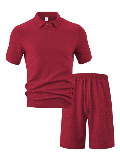 Men's Full Size Textured Polo Shirt and Shorts Set Plus Size - Red -