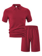 Men's Full Size Textured Polo Shirt and Shorts Set Plus Size - Red -