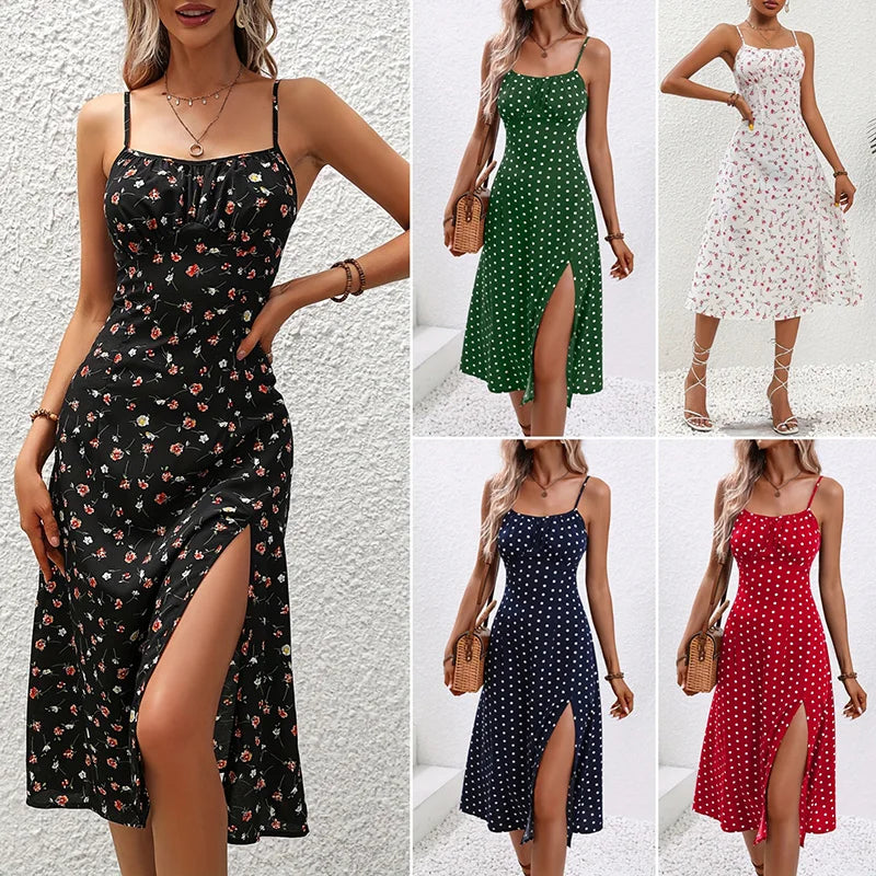 Floral Print Spaghetti Straps Dresses Summer Dress Square Neck Slit Dress