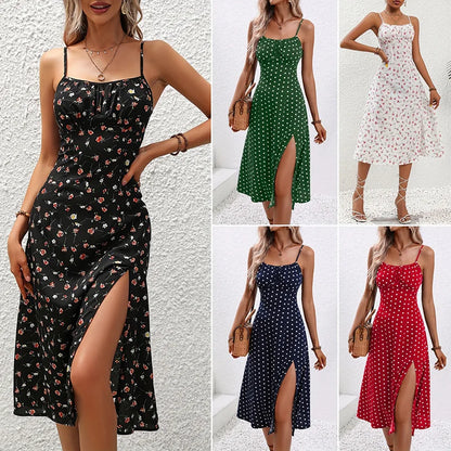 Floral Print Spaghetti Straps Dresses Summer Dress Square Neck Slit Dress