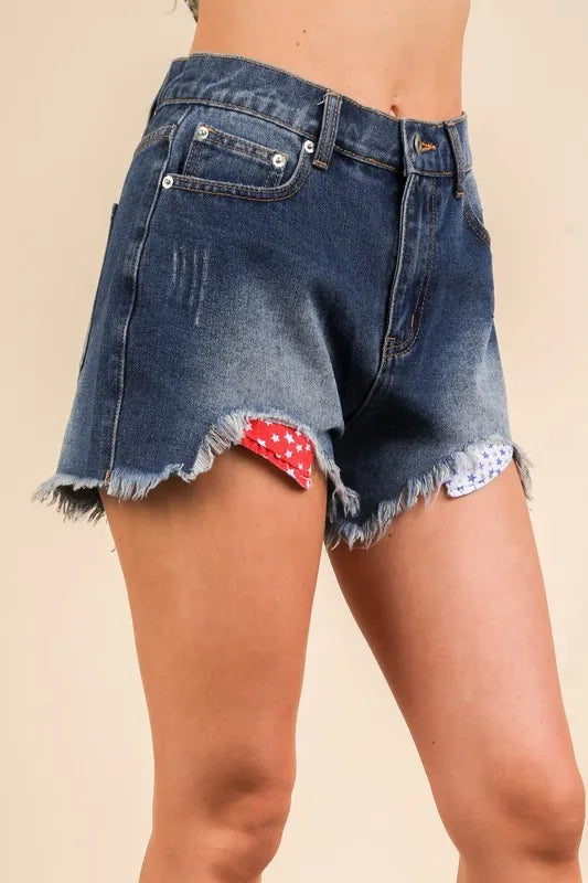 VERY J Raw Hem Pocketed Contrast Washed Denim Shorts - -