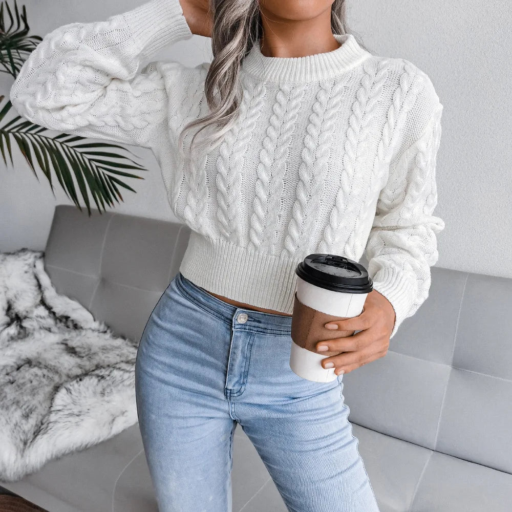 Women Twist Knitted O-Neck Long Lantern Sleeve Slim Knitwear Pullover Top