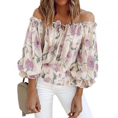 Womens Off-Shoulder Chiffon Print Long Sleeve Top - Beige S - Women's Fashion - Women's Clothing - Tops & Tees