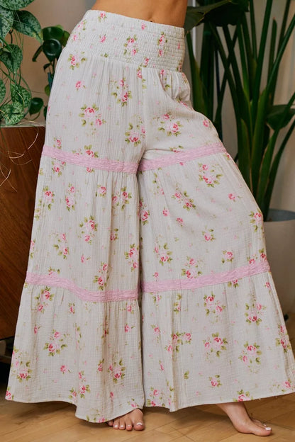 BiBi Rose Printed Gauze Trim Detail Smocked Maxi Pants - -