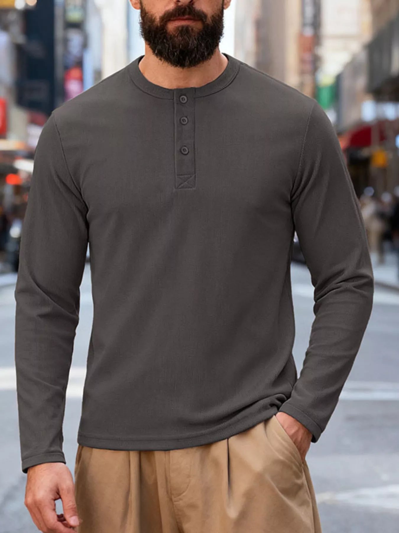 Men's Full Size Casual Long Sleeve Henley T-Shirt Plus Size - -