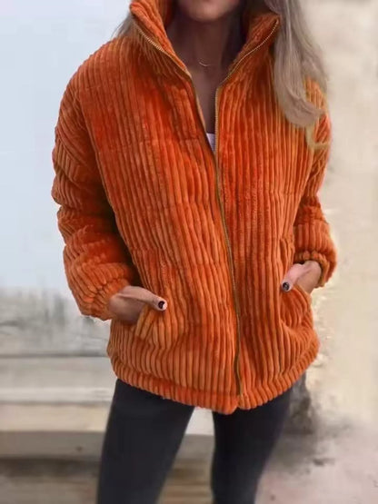 Full Size Zip Up Turtleneck Long Sleeve Winter Coat Plus Size - Orange-red -